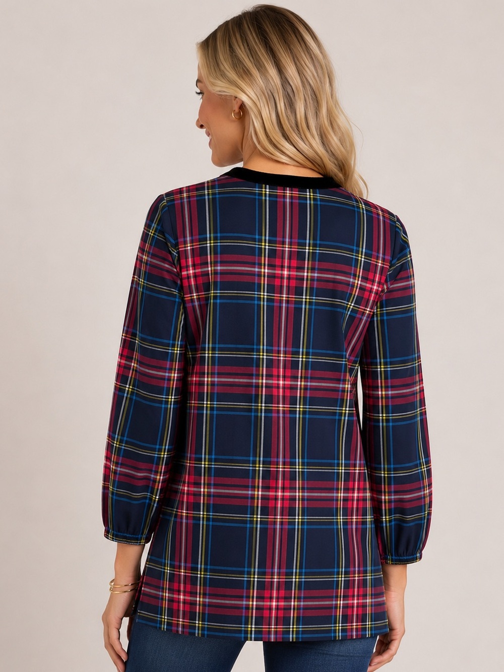 Talbots Cabin Plaid Split Neck Tunic Velvet Trim Cotton Top Small - Picture 2 of 15